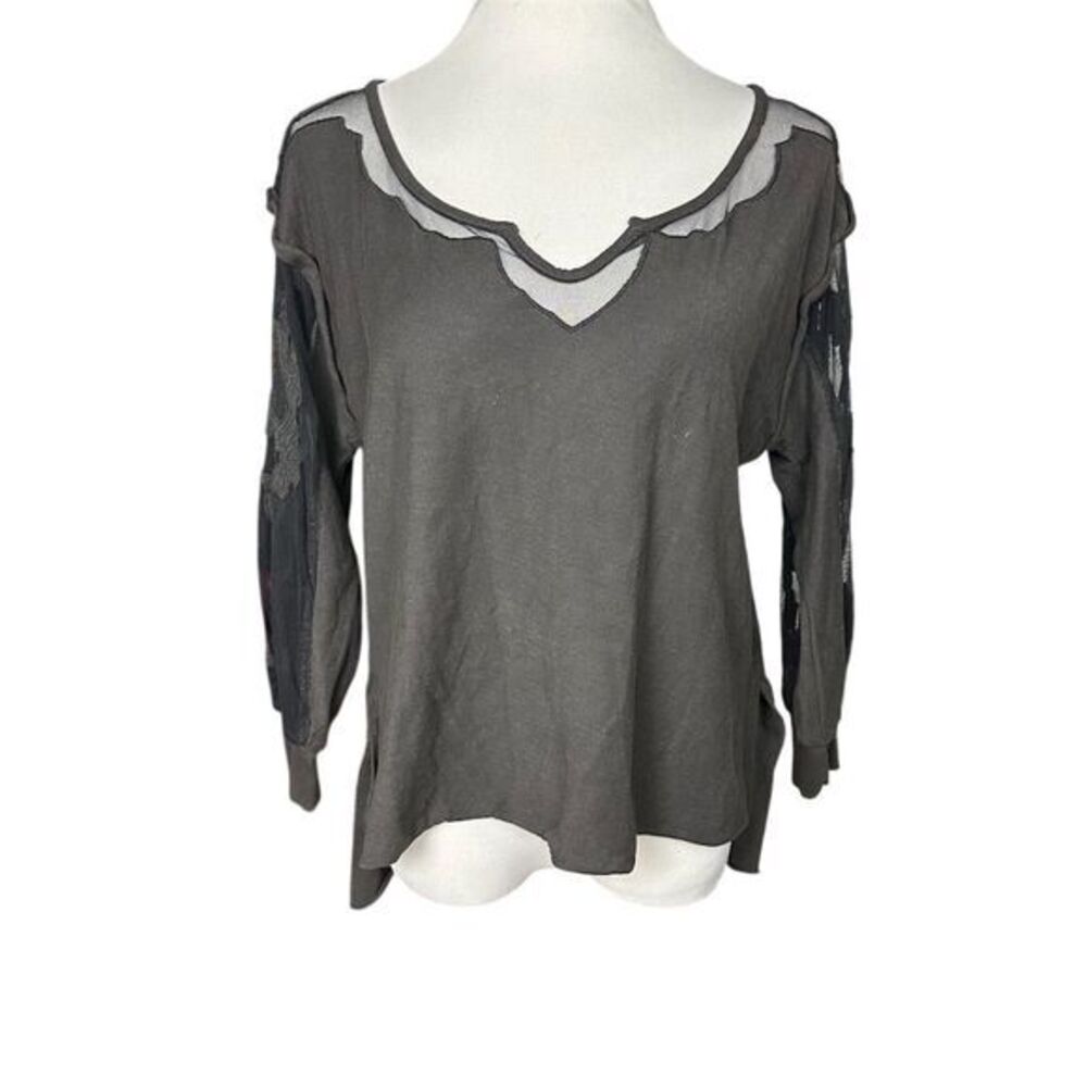 Free People New Romantics Women's Boho Gray Lace Floral Blouse Size M 3/4 Sleeve